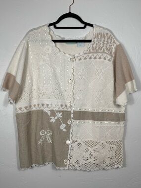 220 Hickory Ivory Ecru Patchwork Knit Button-Up Cardigan XL Cottage Coastal NWT